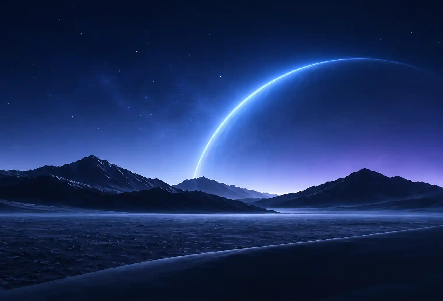 深色夜景地平线与巨大发光弧光天体，象征宏大深邃的技术探索愿景